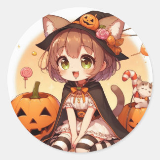 Sticker Rond Halloween fille de chat
