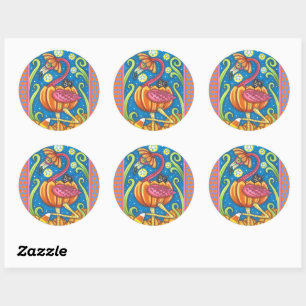 STICKER ROND HALLOWEEN FLAMANT ROSE ROSE & CHAT NOIR EN CITROUI