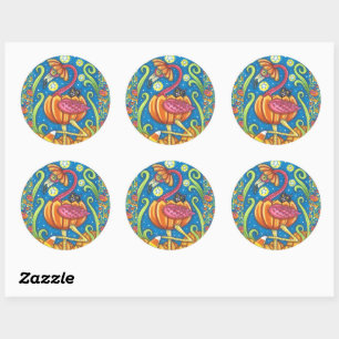 STICKER ROND HALLOWEEN FLAMANT ROSE ROSE & CHAT NOIR EN CITROUI