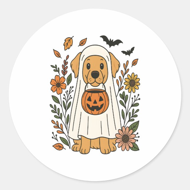Sticker Rond Halloween Golden Retriever Flowers (Devant)