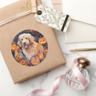 Sticker Rond Halloween Goldendoodle avec citrouilles effrayant