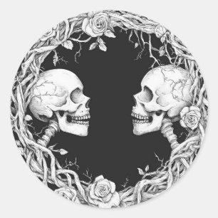 Sticker Rond Halloween gothique victorien vintage Crânes Rose