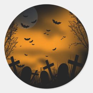 Sticker Rond Halloween Graveyard avec chauves-souris et pierres