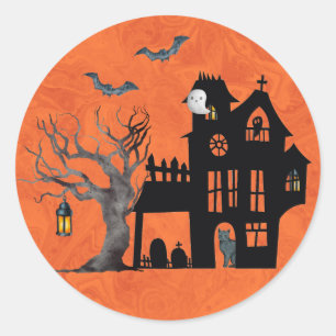 Sticker Rond Halloween Haunted House Scène