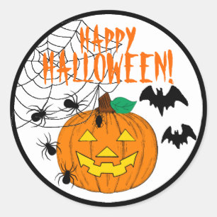 Sticker Rond Halloween heureux avec des araignées et des batte