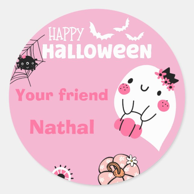 Sticker Rond Halloween heureux personnalisé avec mignon Fantôme (Devant)