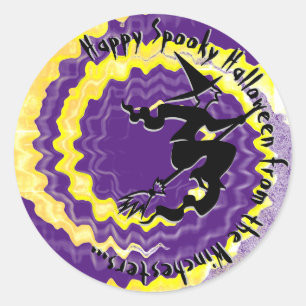 Sticker Rond Halloween jaune volant sorcière magique texte orth