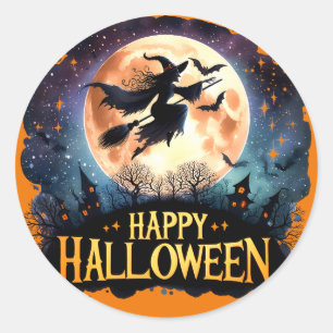 Sticker Rond Halloween joyeuse - Sorcière en vol Broom