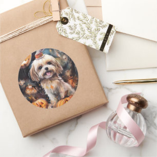 Sticker Rond Halloween Lhassa Apso Avec Peur Citrouille