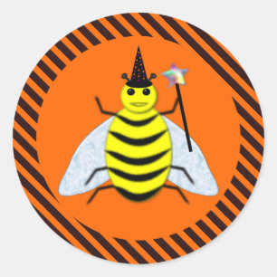 Sticker Rond Halloween Magic Bee Witch Orange et Black Stripes