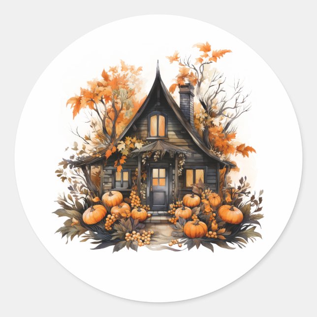 Sticker Rond Halloween Maison hantée avec Citrouilles & Foliage (Devant)