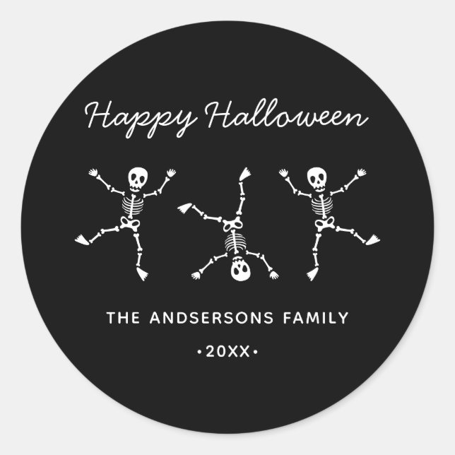 Sticker Rond Halloween noir et blanc dessin main squelette heur (Devant)