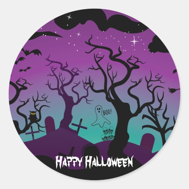 Sticker Rond Halloween noir, violet, turquoise (Devant)