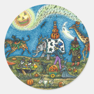 Sticker Rond HALLOWEEN PARADE Sorcière Giraffe Ours Zèbre