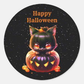 Sticker Rond Halloween Party Chat noir Citrouille Horreur