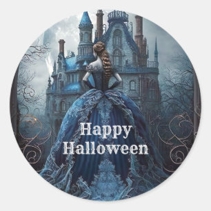 Sticker Rond Halloween Party Haunted Maison Bleue Nuit Effrayan