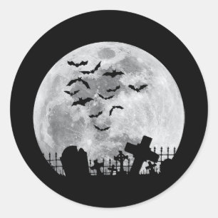 Sticker Rond Halloween Pleine lune Cimetière Bats Éffrayants