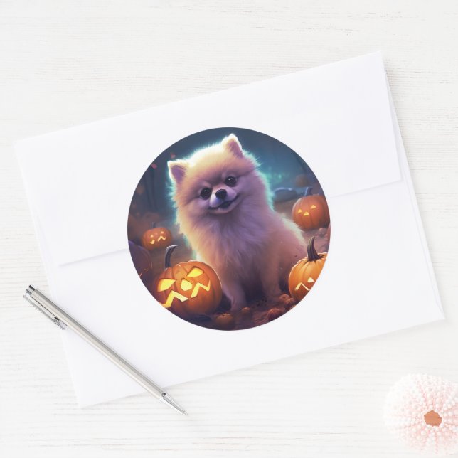 Sticker Rond Halloween Poméranien Avec La Peur Citrouille (Enveloppe)