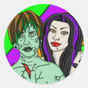 Sticker Rond Halloween Pop Art zombie Vampire