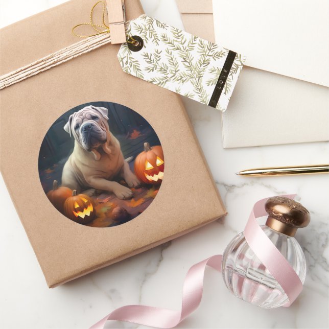 Sticker Rond Halloween Shar Pei Avec La Peur Citrouille (Cadeaux)