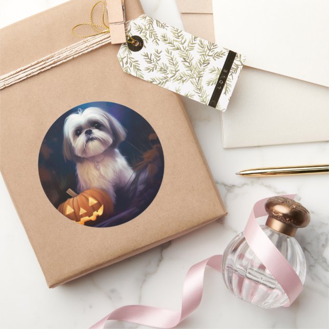 Sticker Rond Halloween Shih Tzu Avec La Peur Citrouille (Cadeaux)
