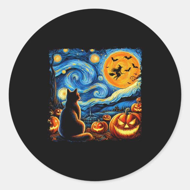 Sticker Rond Halloween Shirt Men Women Black Cat Pumpkins Bats  (Devant)