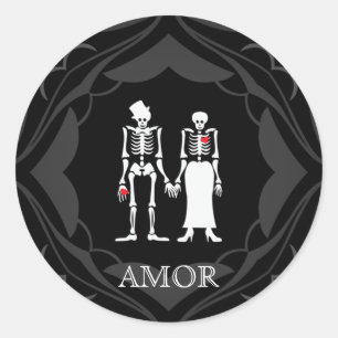 Sticker Rond Halloween Skeleton Couple Mariée & Groom