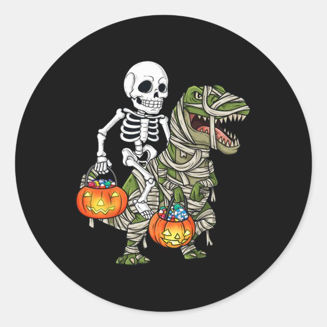 Sticker Rond Halloween Skeleton équitation maman Dinosaur T Rex (Devant)