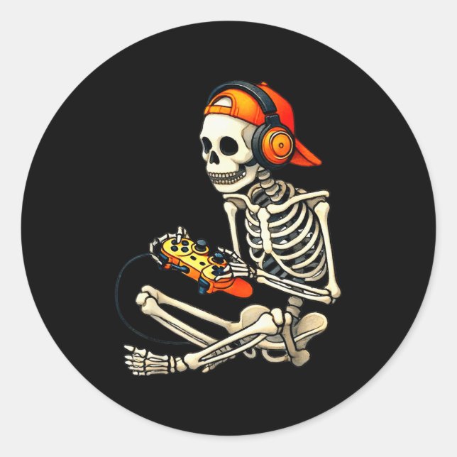 Sticker Rond Halloween Skeleton Gamer Video Gaming Boys Men Kid (Devant)