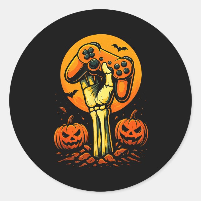 Sticker Rond Halloween Skeleton Gamer Video Gaming Controller B (Devant)