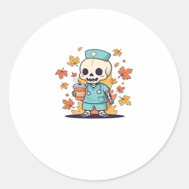 Sticker Rond Halloween Skeleton Nurse Avec Café Classique T-Shi (Devant)