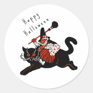 Sticker Rond Halloween sorcière chat noir Art Déco vintage anné