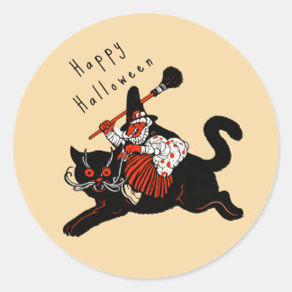 Sticker Rond Halloween sorcière chat noir Art Déco vintage anné