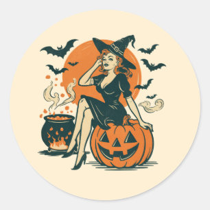 Sticker Rond Halloween sorcière Vintage sur Citrouille chauves-