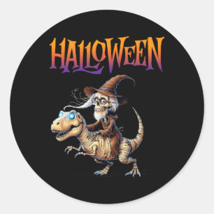 Sticker Rond Halloween T-rex Skeleton Ride