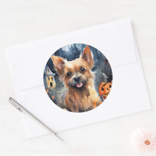 Sticker Rond Halloween Terrier Australien Avec Peur Citrouille