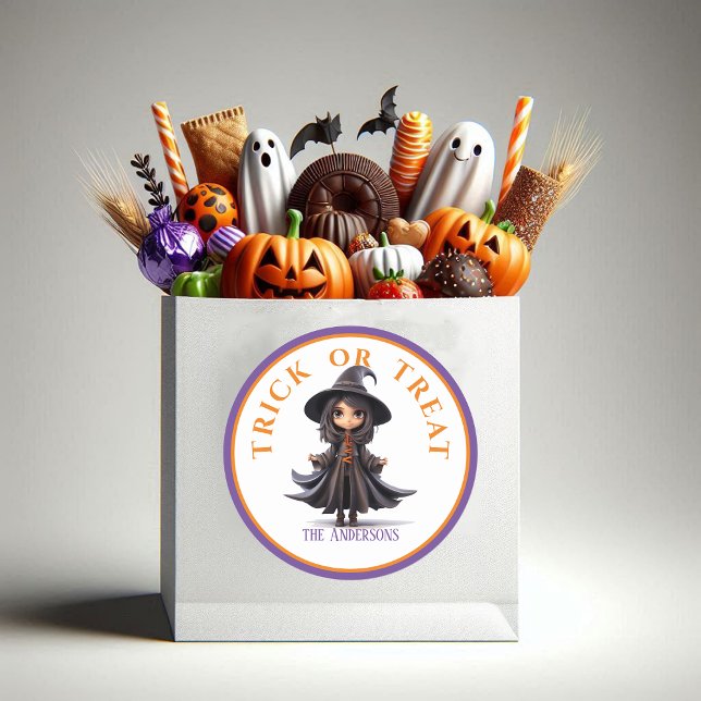 Sticker Rond Halloween Trick ou Treat Stylish Big Eyed Witch (Créateur téléchargé)