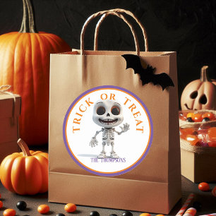 Sticker Rond Halloween Tricoter ou traiter Big Head Skeleton