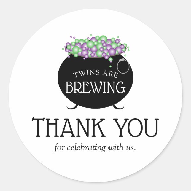 Sticker Rond Halloween Twins Baby shower sorcière brasse Merci (Devant)