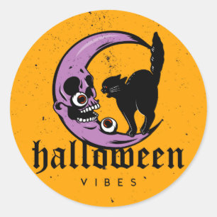 Sticker Rond Halloween Vibes Scandale Lune Et Cat Grunge Style
