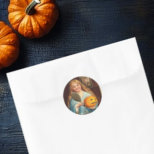 Sticker Rond Halloween Vintage Dame avec miroir)