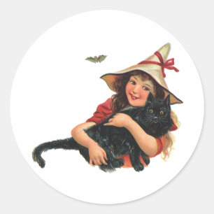 Sticker Rond Halloween vintage, Sorcière fille avec chat noir