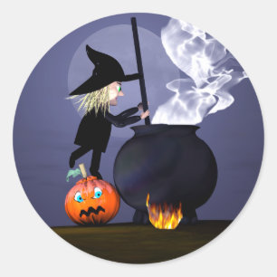 Sticker Rond Halloween Witch et Cauldron