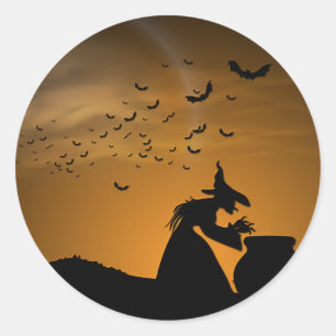 Sticker Rond Halloween Witch et Cauldron avec chauves-souris