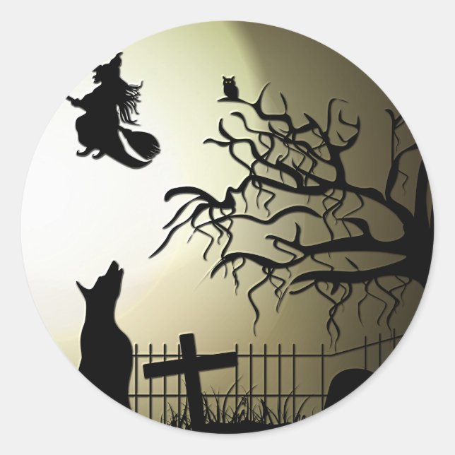 Sticker Rond Halloween Witch et Howling Dog (Devant)