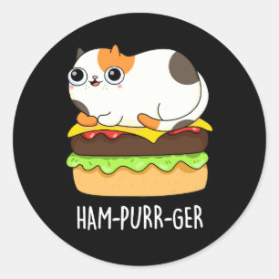 Sticker Rond Ham-Purr-Ger Funny Chat Hamburger Pun Dark BG
