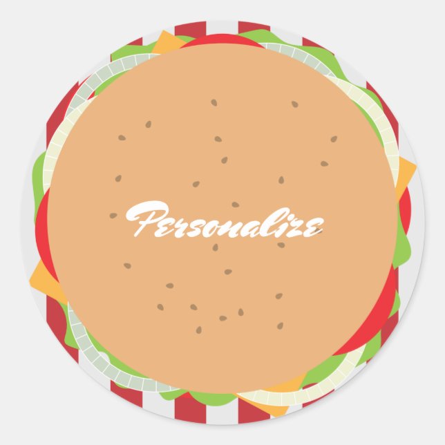 Sticker Rond Hamburger cheeseburger mignon café rayé rouge blan (Devant)