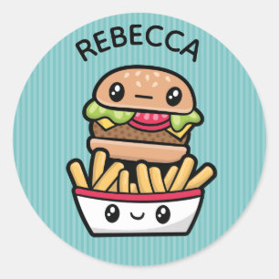 Sticker Rond Hamburger et fritures mignons de nourriture