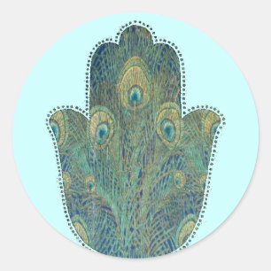 Sticker Rond Hamsa à plumes de paon Judaica bohème