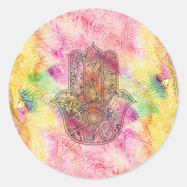 Sticker Rond HAMSA Main Fatima symbole amulet Henné floral (Devant)